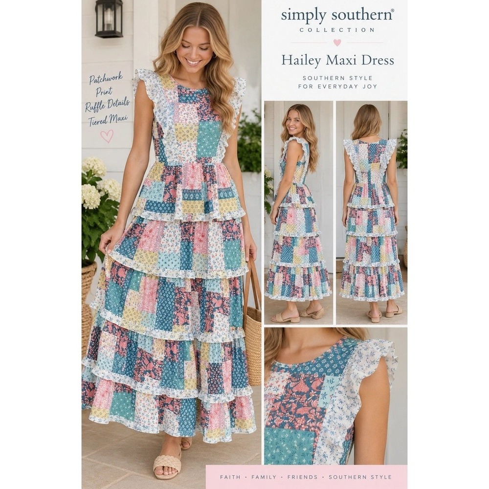 NWT Simply Southern Hailey Cottagecore Maxi Patchwork Dress Floral Tiered Ruffle